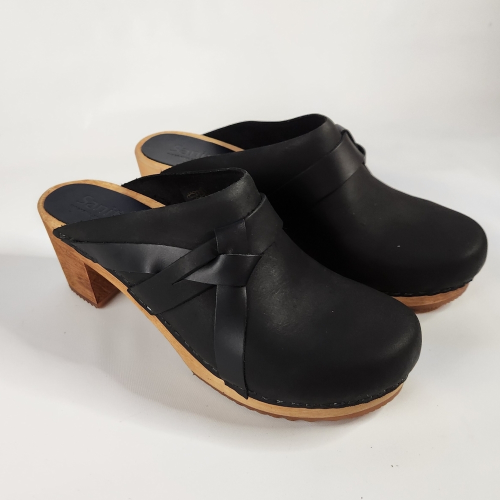 Sanita Black Leather Mules with Wooden Heel